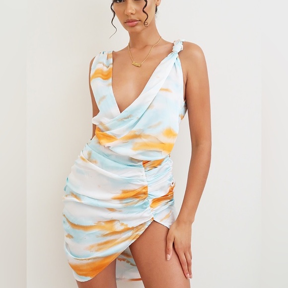 PrettyLittleThing Dresses & Skirts - PrettyLittleThing l NWT Tie Dyed Satin Wrap Bodycon Dress Size 2